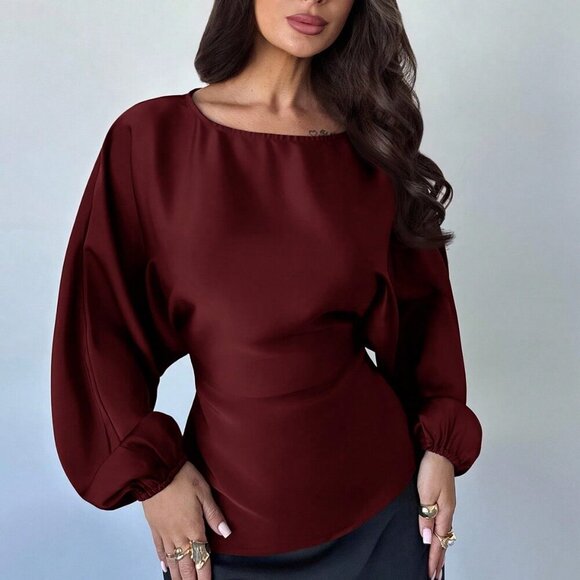 Burgundy Elegant Women's Romantic Round Neck blouse - Picture 1 of 7